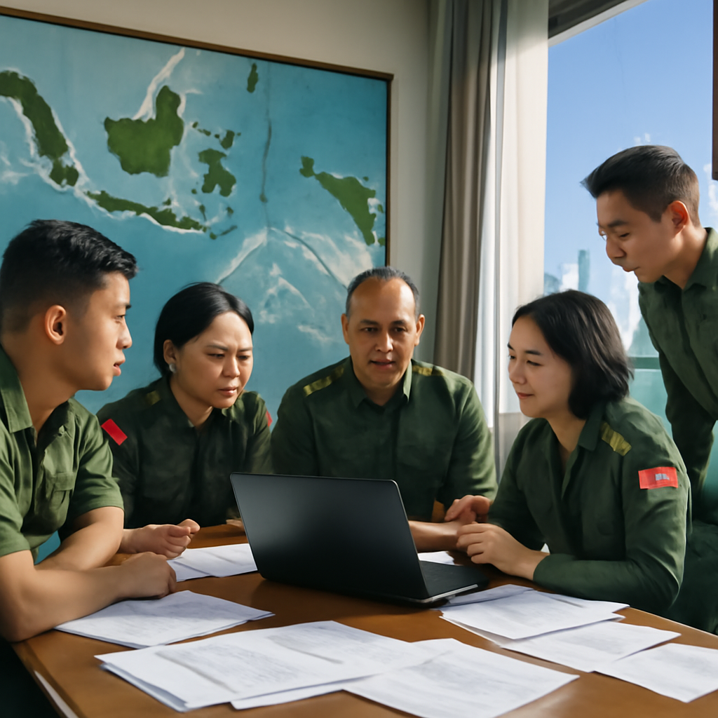 Military personnel gather around a table with laptop and papers in a briefing room with a large map in the background.