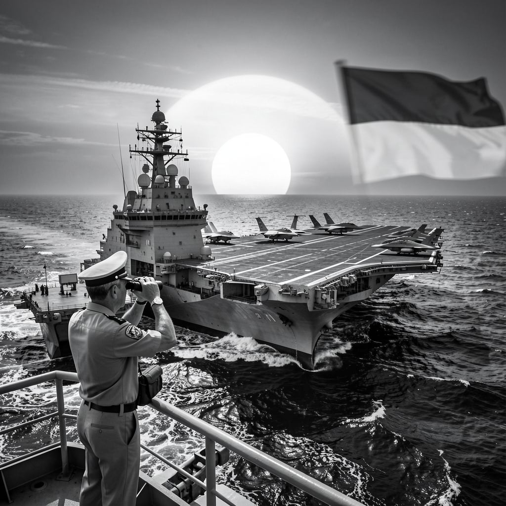 Aircraft carrier sails through choppy waters under a dawn sky as a sailor stands proudly at the ship's rail with binoculars.