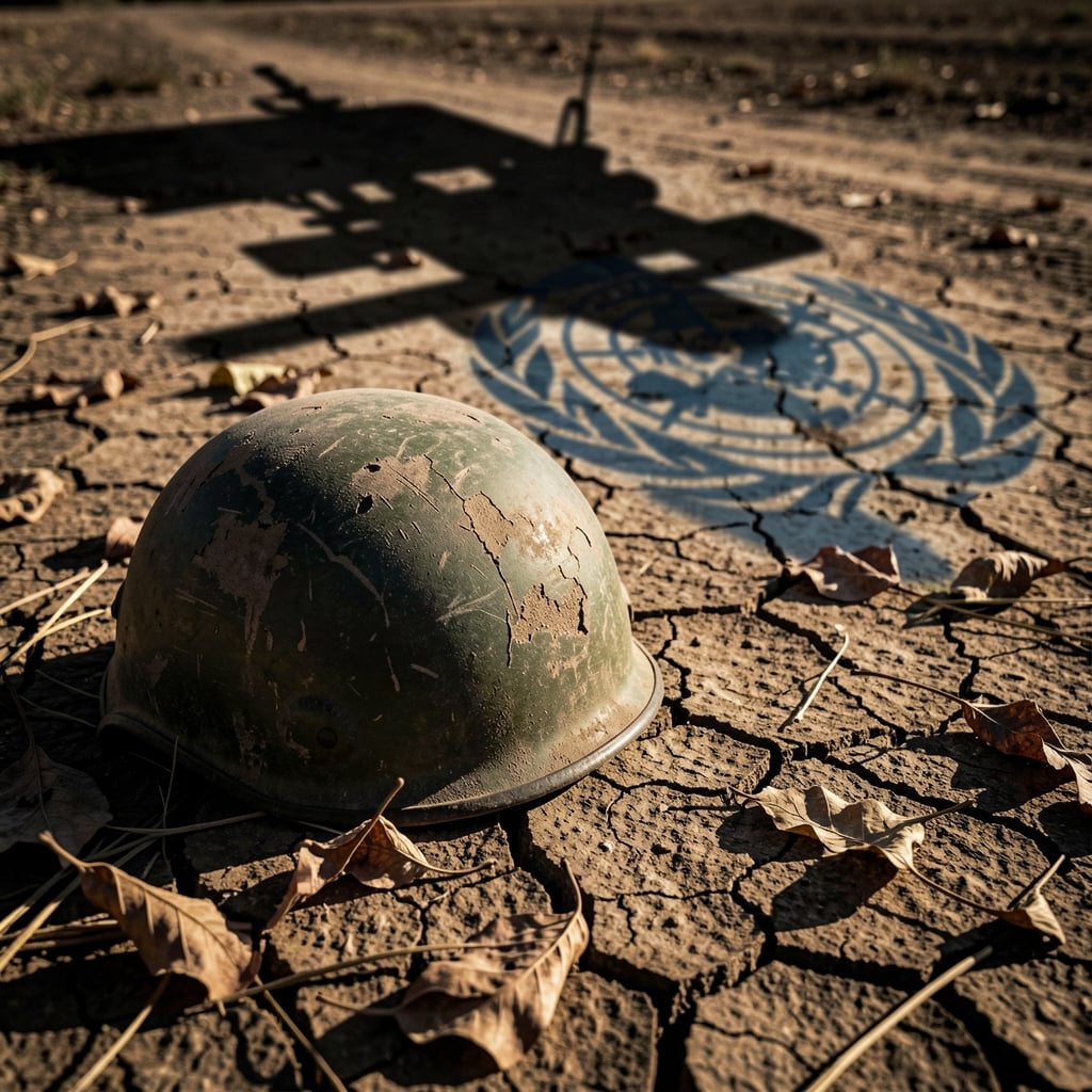 Worn peacekeeper's helmet on cracked earth with withered leaves and ominous shadow of departing vehicle or UN flag.