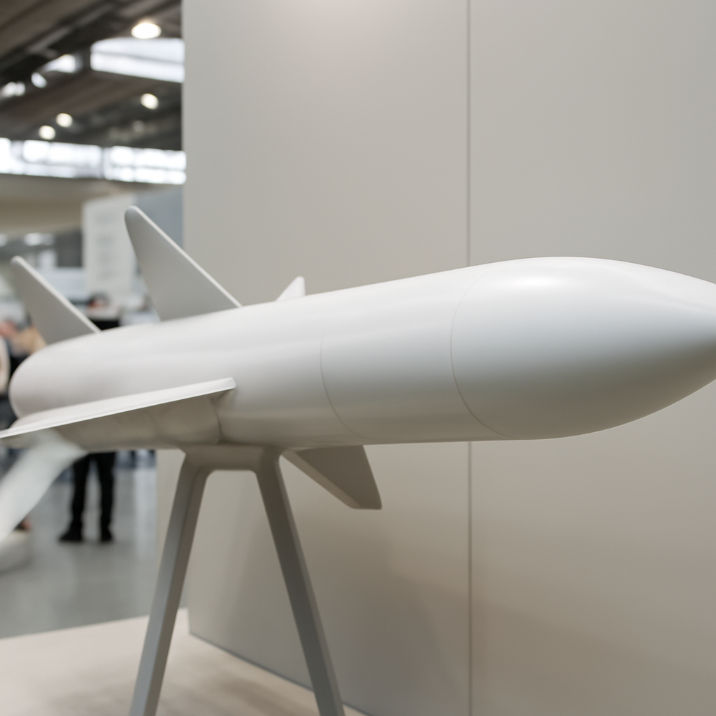 Sleek cruise missile on display at a defense trade fair with aerodynamic shape and guidance fins visible.