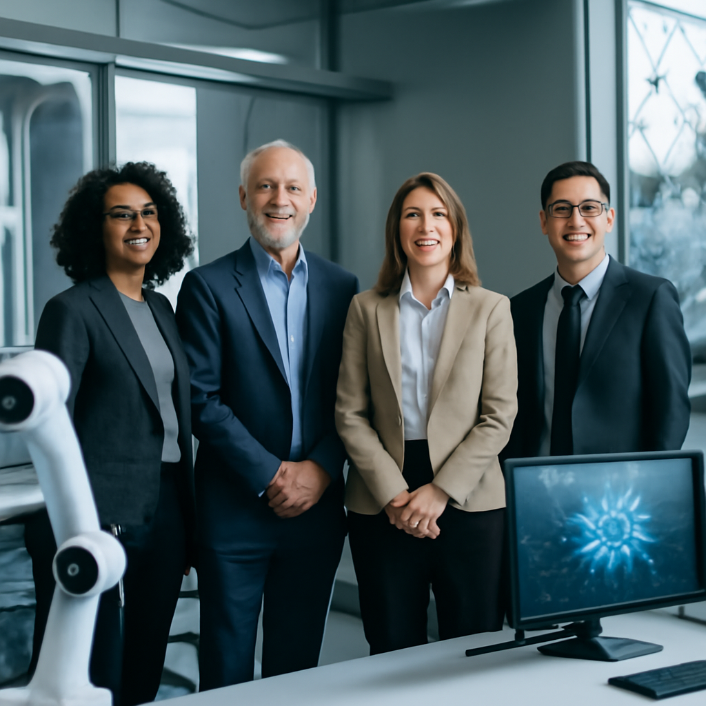 Diverse industry leaders gather in a modern conference room surrounded by futuristic technology and AI equipment.