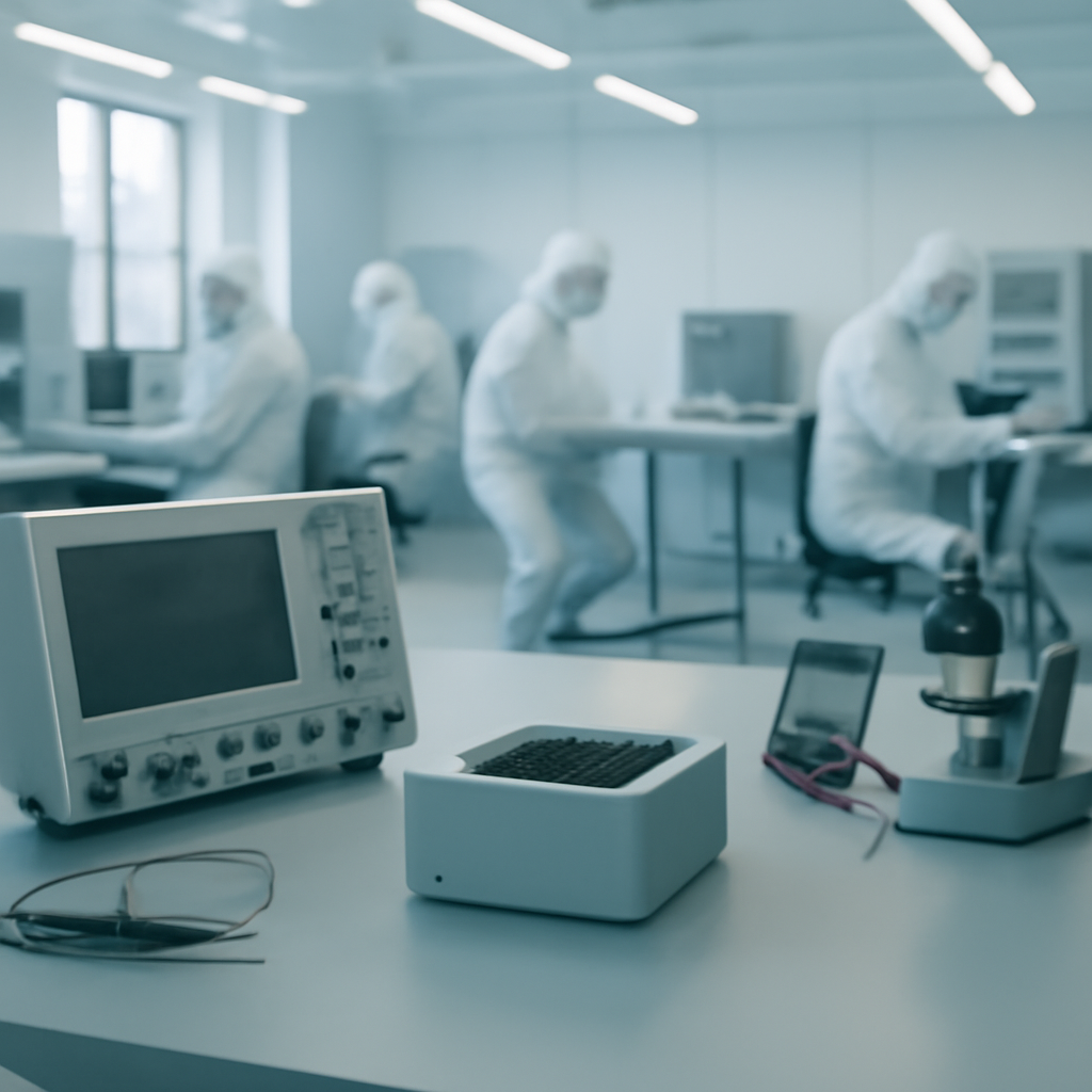 Technicians work in a lab with testing equipment and a hardware prototype.
