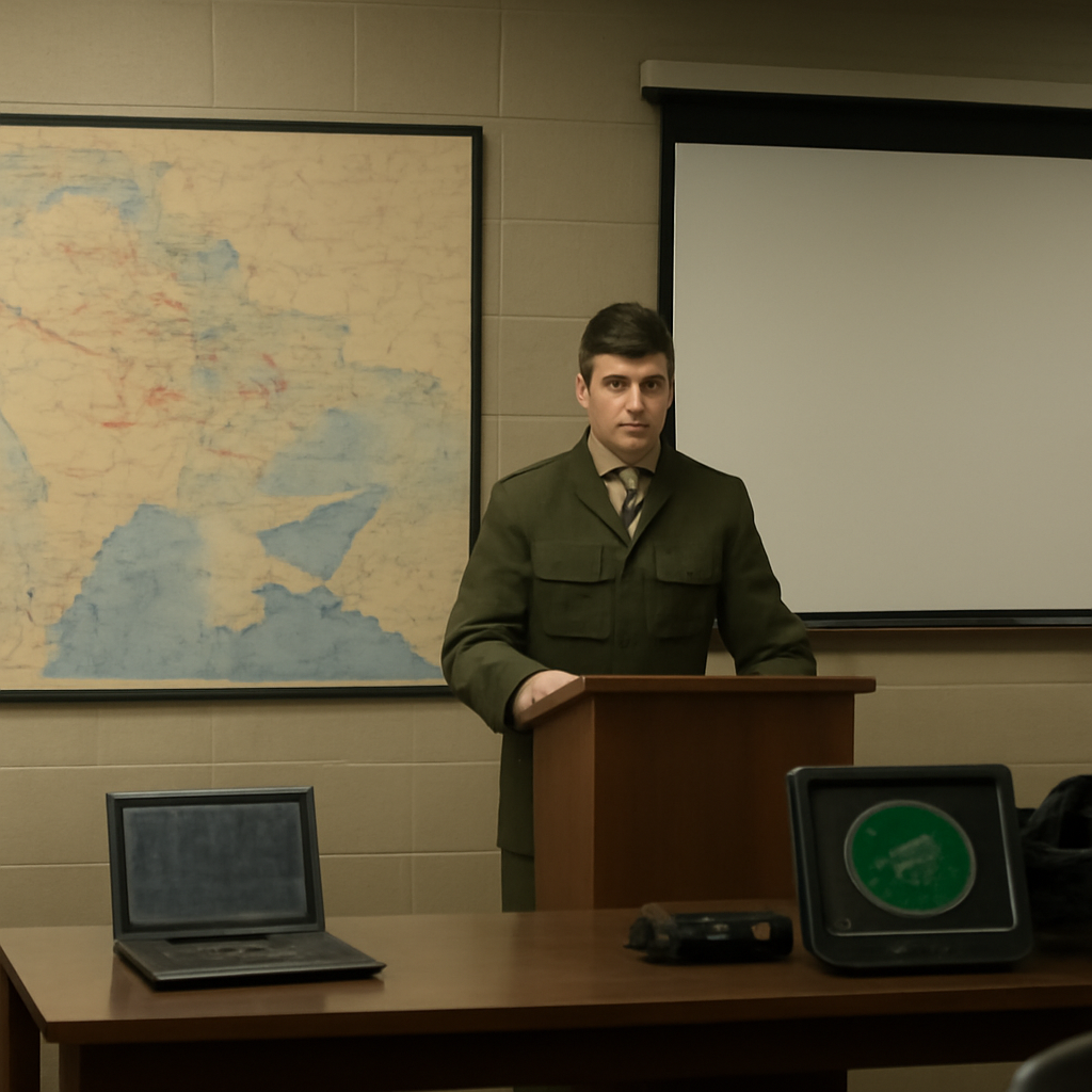 Military briefing room with map, officer at podium, and tactical displays.
