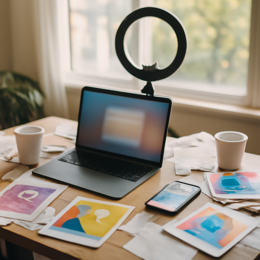 Cluttered workspace with laptop, smartphone, papers, and coffee cups near a window.