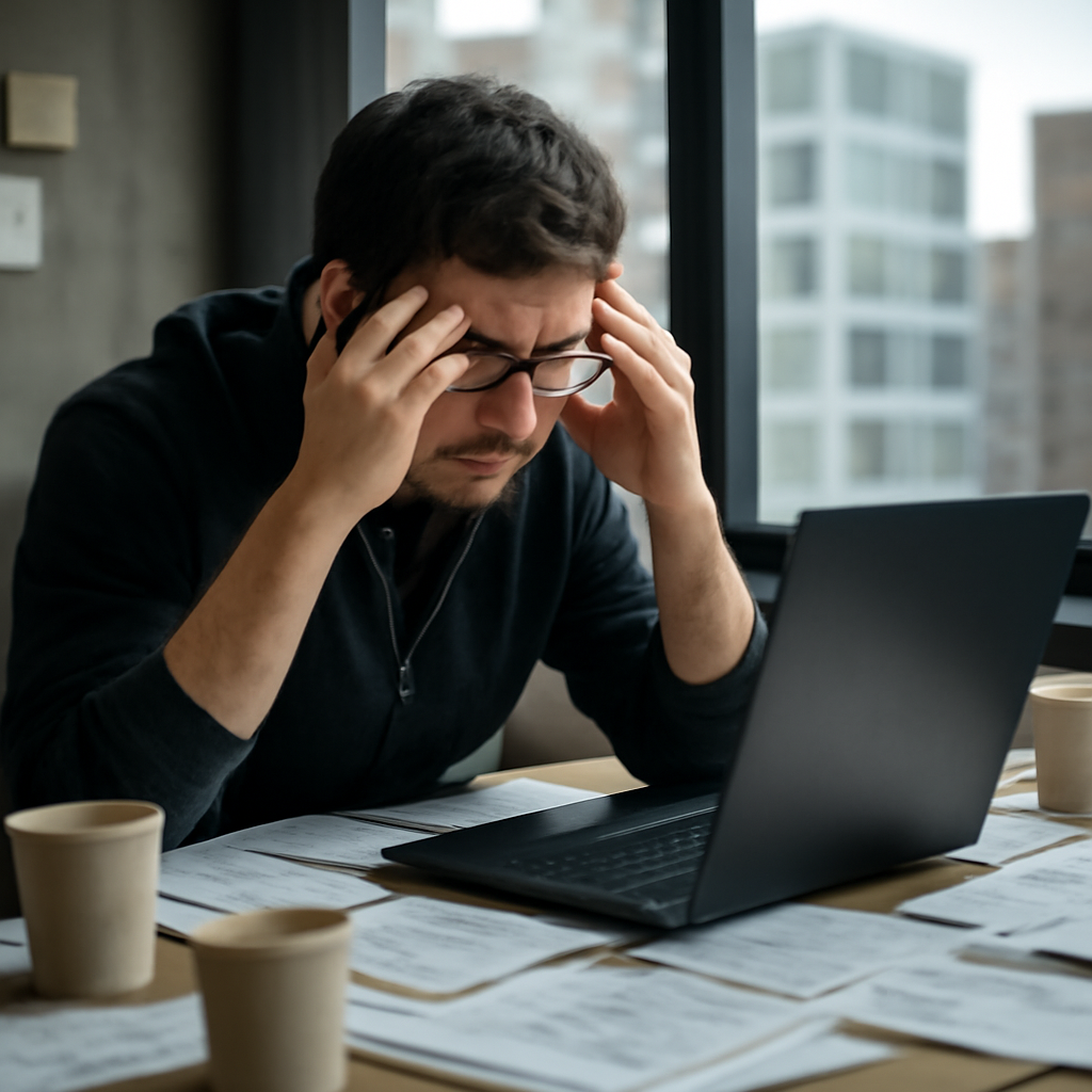 Frustrated infosec professional sits at cluttered desk surrounded by papers and empty coffee cups.