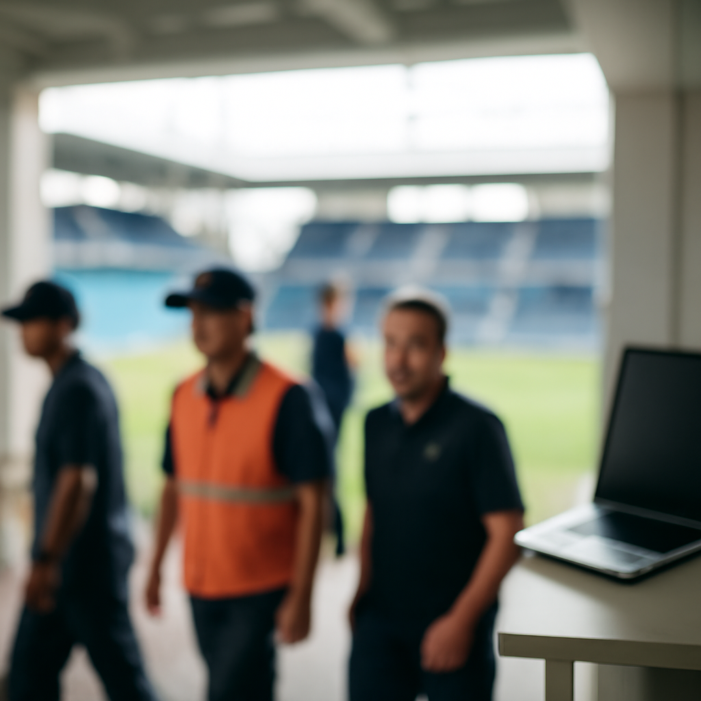 Brightly-lit sports facility with subtle computer hint, and staff in background.