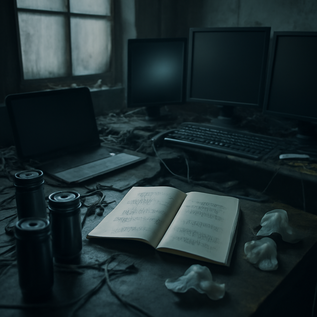 Dark, cluttered cybercriminal's lair with generic computer equipment and scattered papers, featuring a prominent printed log.