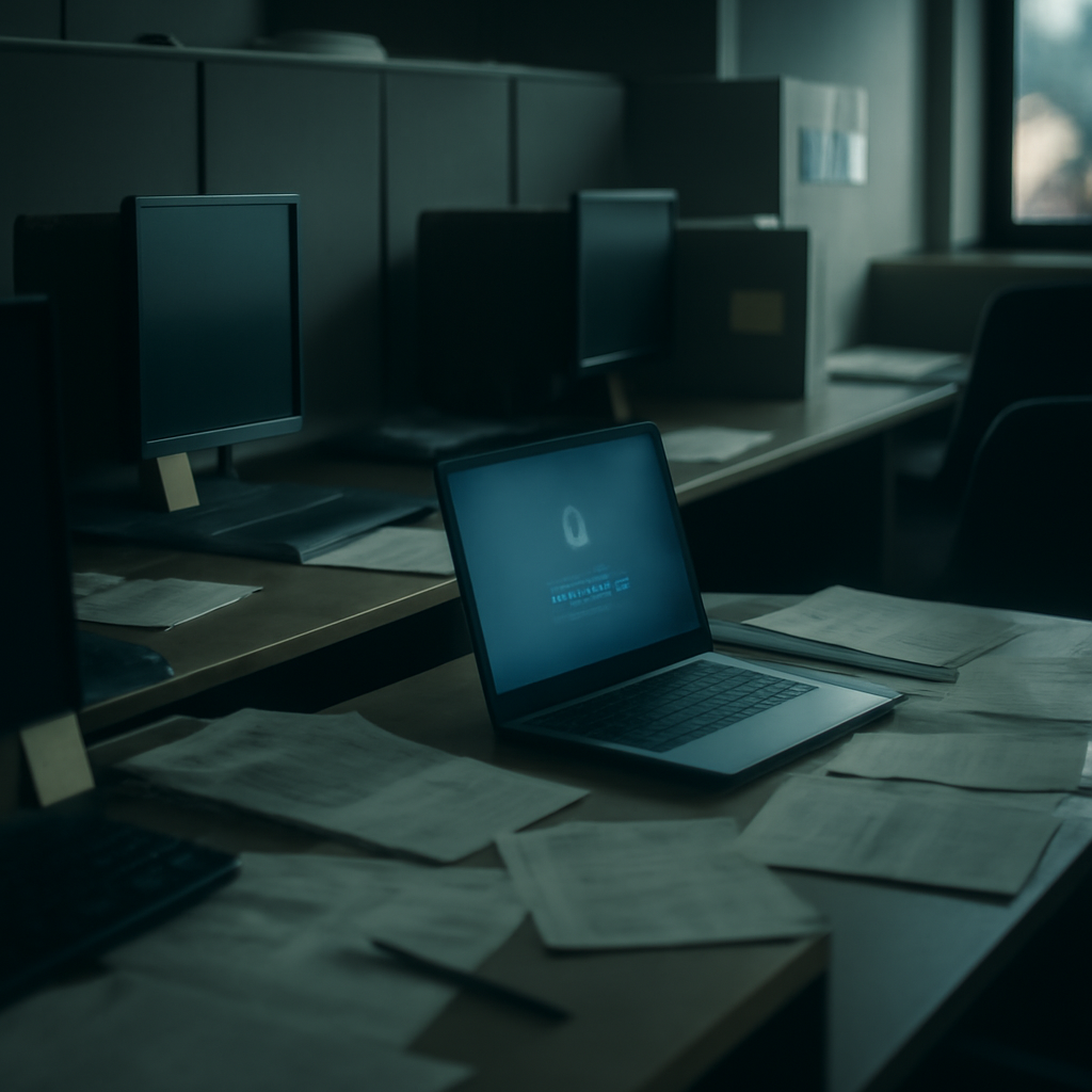 A dimly lit office cubicle with computers, scattered papers, and a laptop showing a blurred login screen.