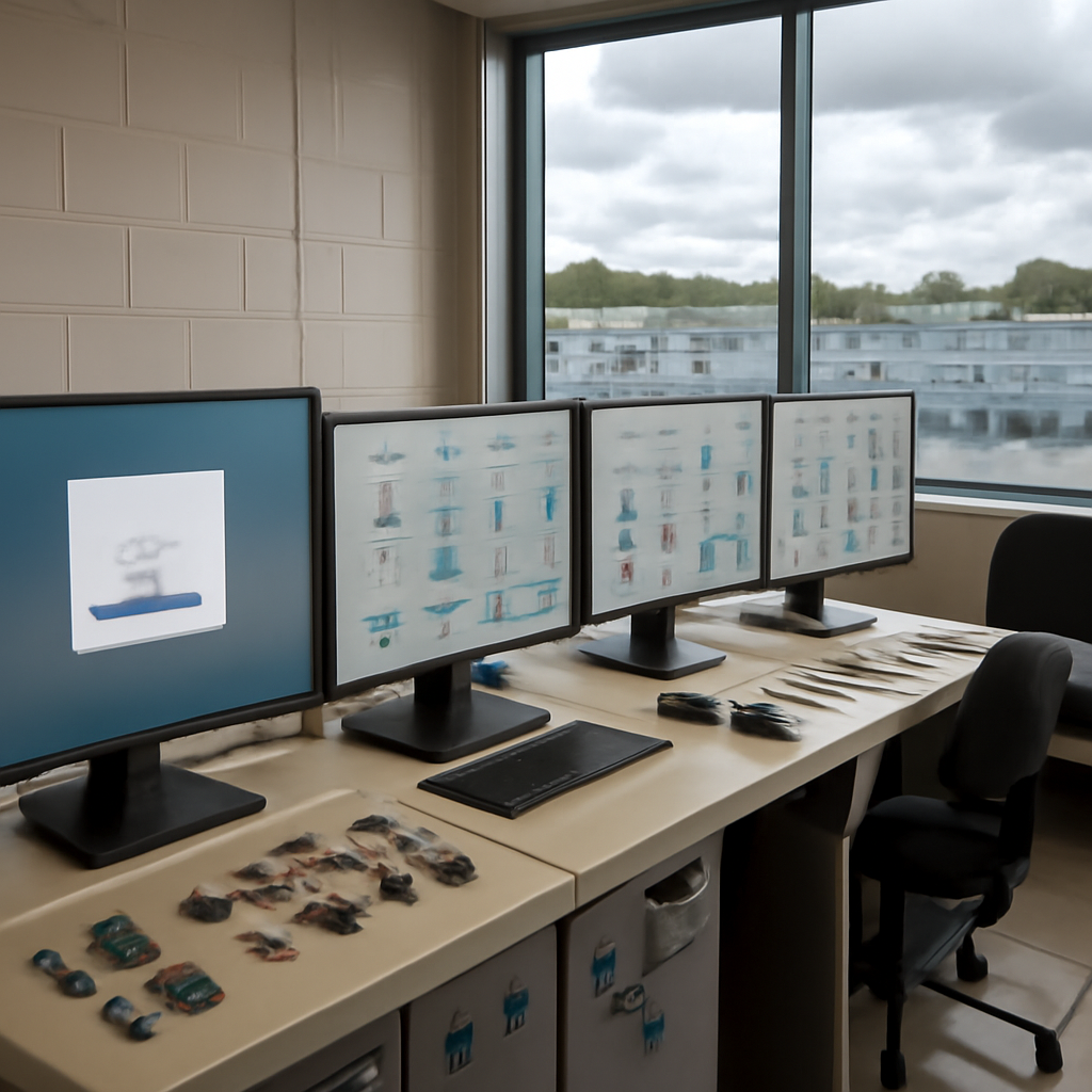 Control room of a water treatment plant with computer screens and industrial systems, showing a blurred login interface on…