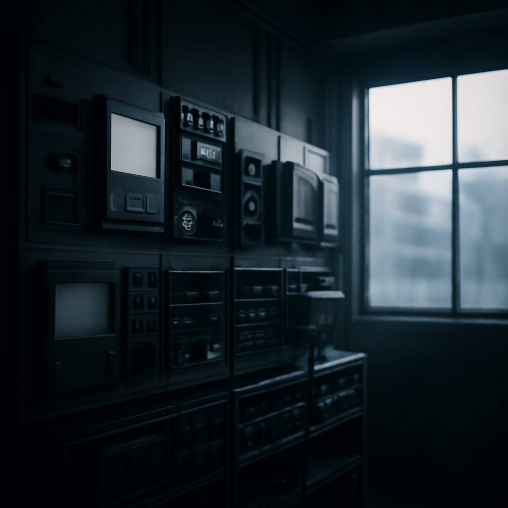 Industrial control room with rows of controllers and networking equipment on a wall or in a rack.