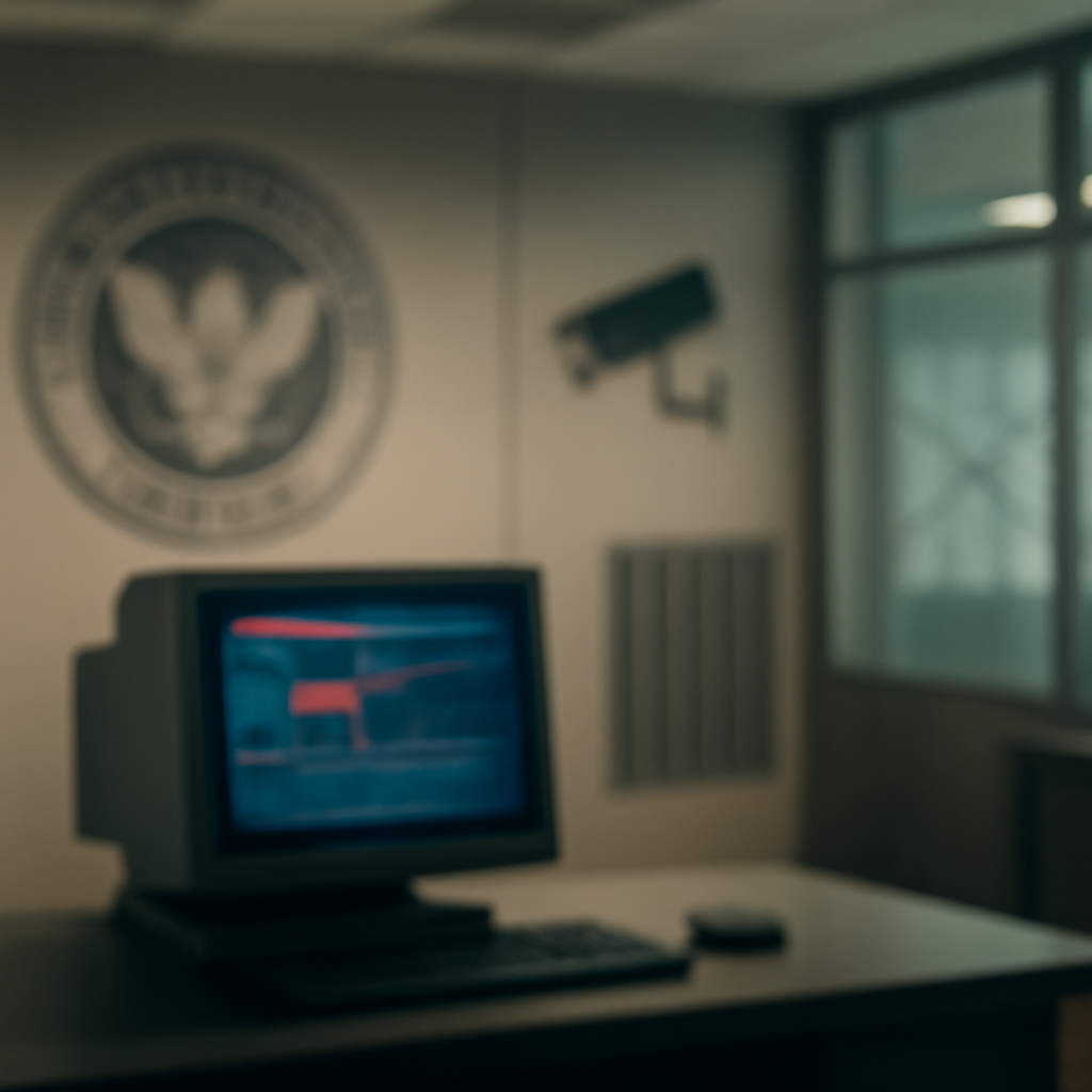 Blurred computer workstation in a government or industrial facility interior.
