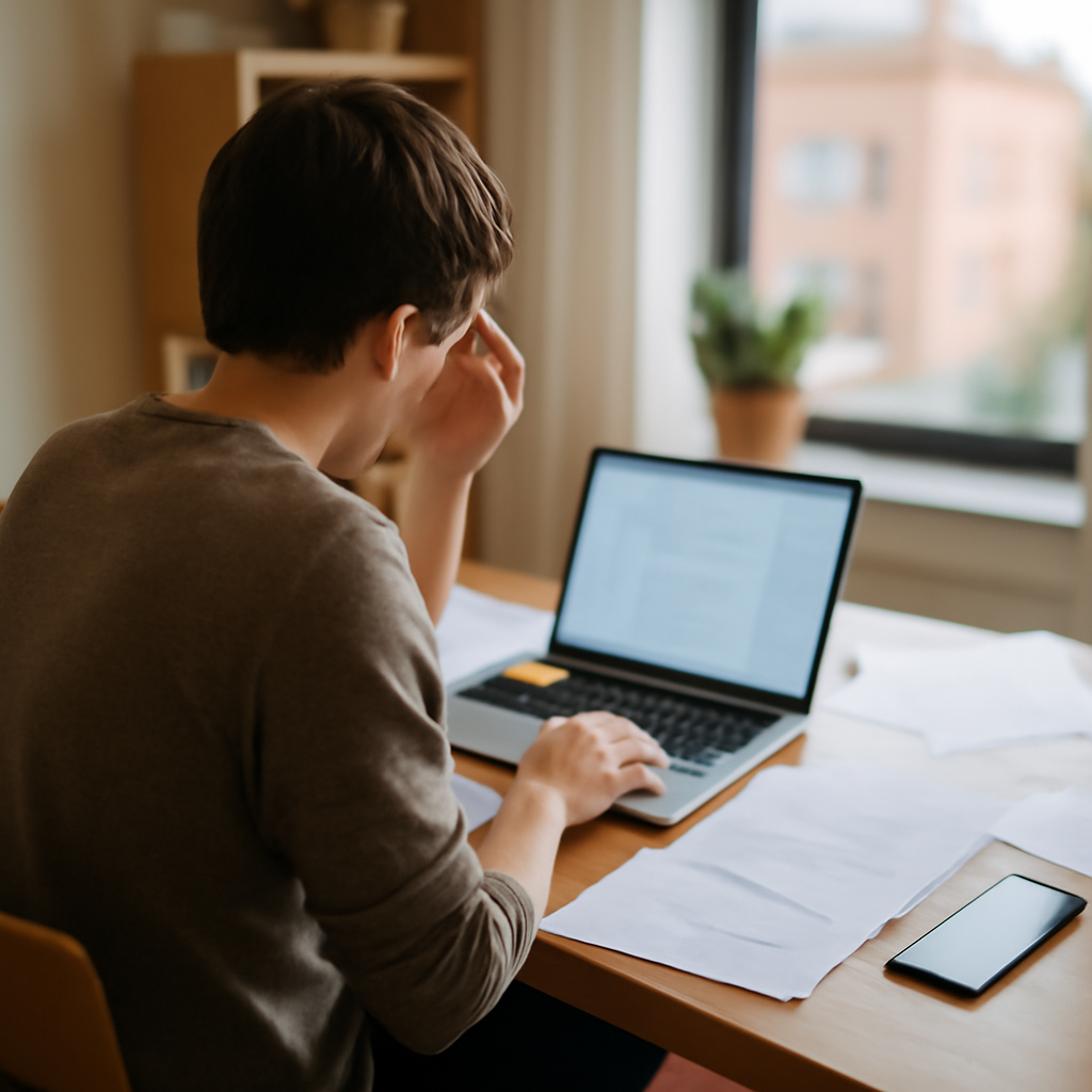 Person working at desk with laptop and smartphone, surrounded by papers in a home office with city view.