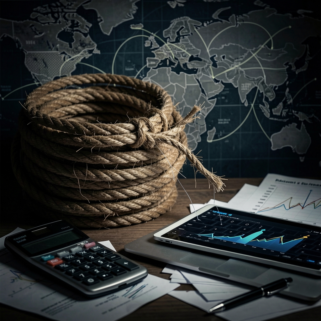 Tightly wound rope coil with fraying strands against a global trade route map and a laptop in foreground.