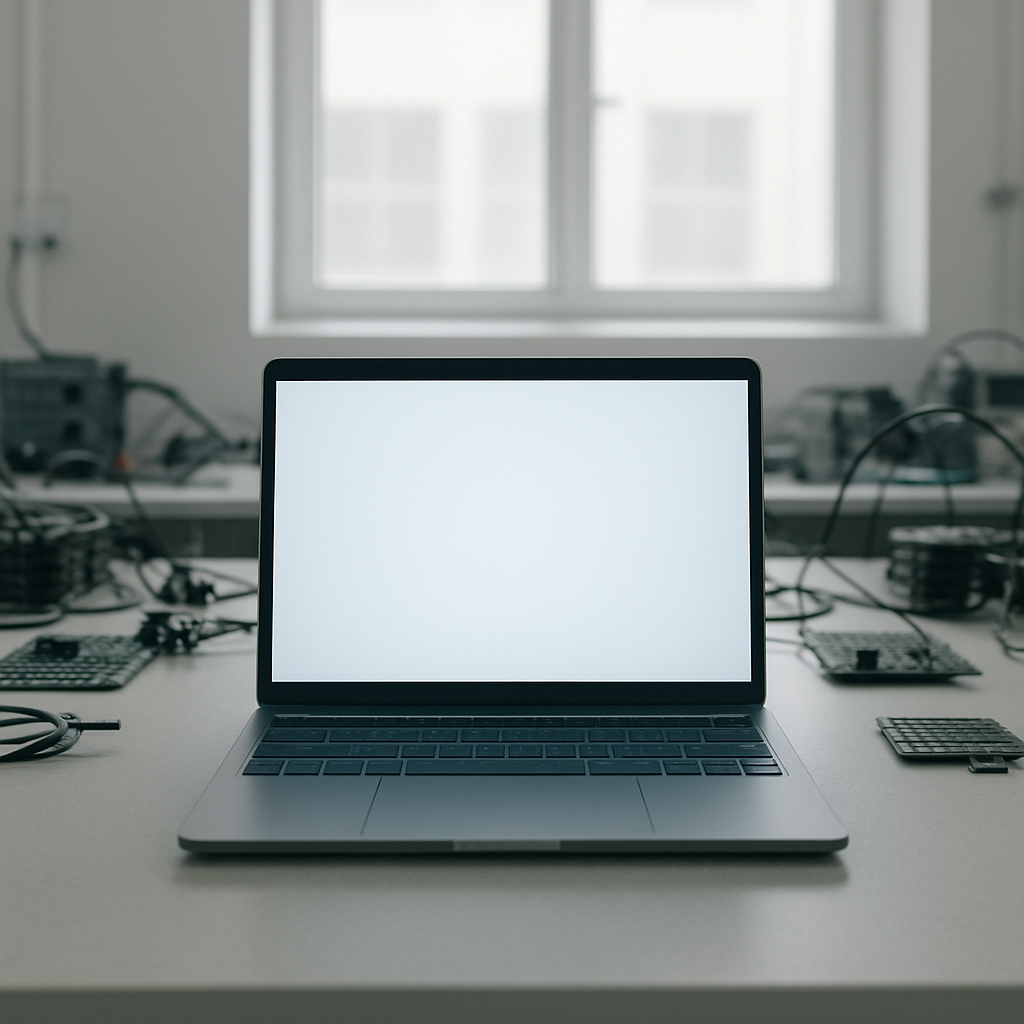 Sleek laptop on a neutral surface surrounded by technical equipment in a clean room setting.