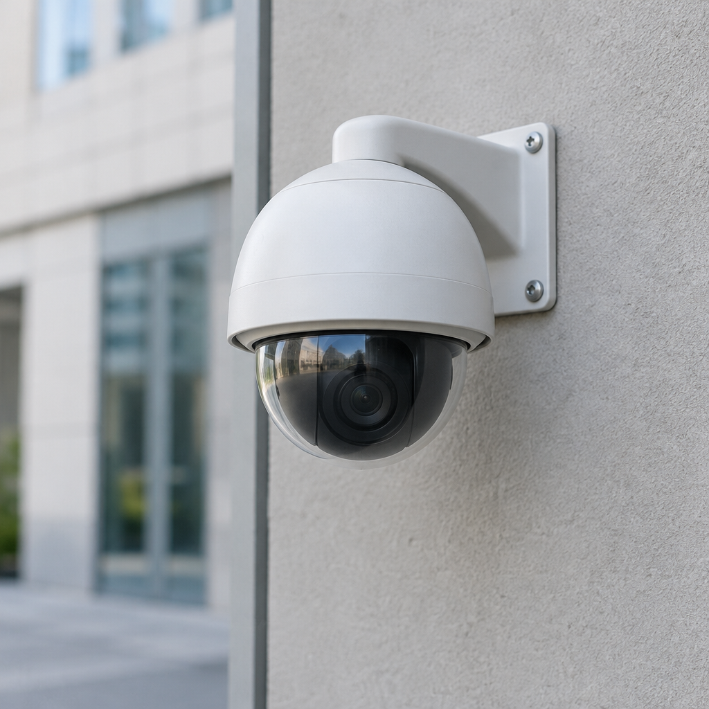 Security camera mounted on a wall in a public area with a blurred screen.