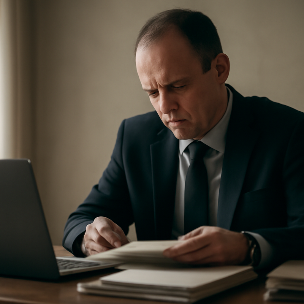 Person sits alone, focused on a document, surrounded by papers and files in a quiet room.