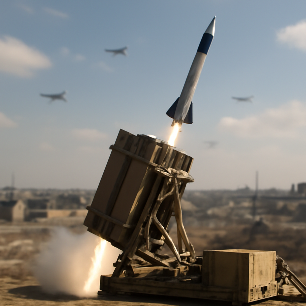 Military defense system launches interceptor missile amidst urban landscape.