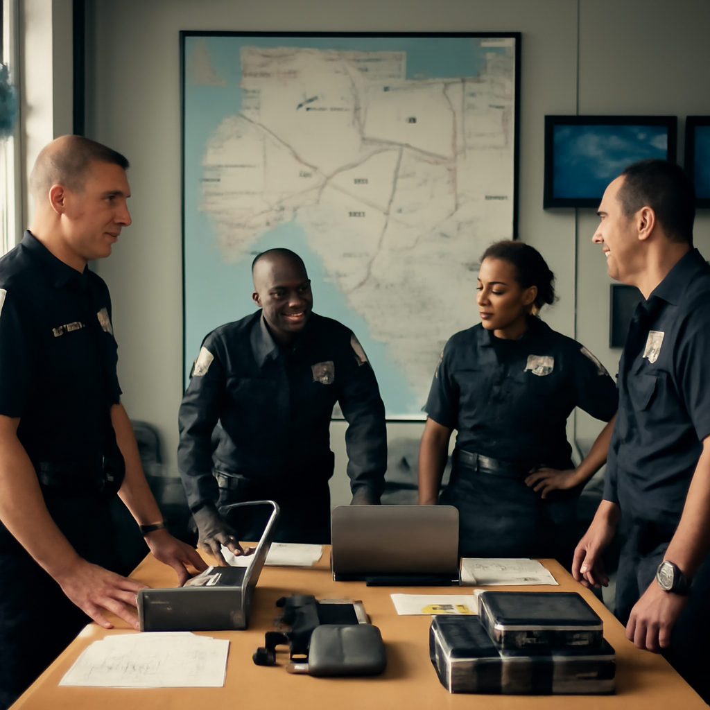 Law enforcement officers gather around a table with laptops and maps of West Africa in a briefing room.