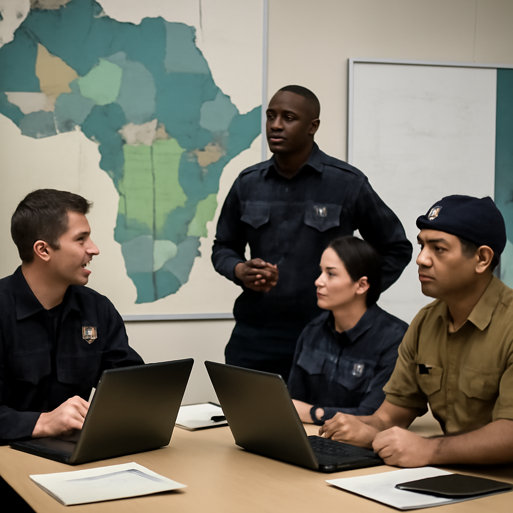 Law enforcement officers from various countries gather around a table with laptops and notes in a briefing room with a…