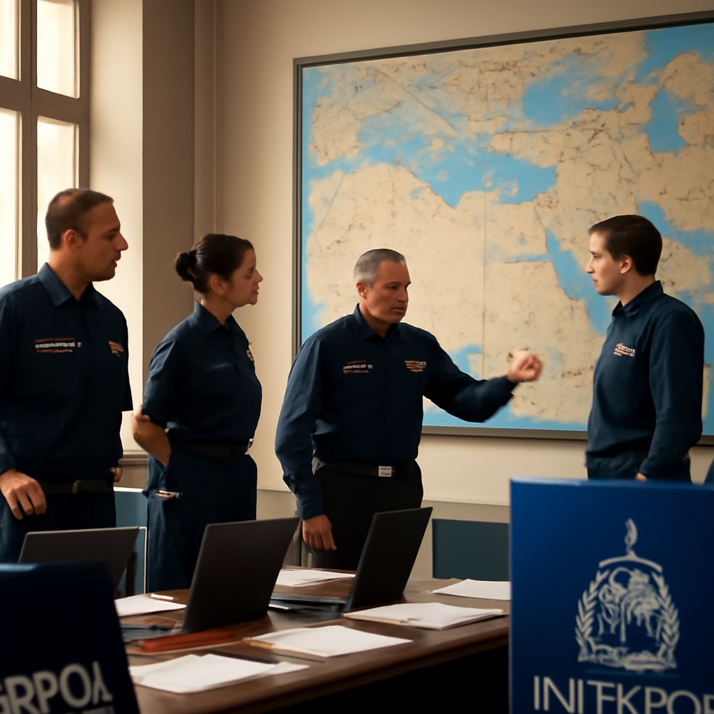Law enforcement officers in uniform gather around a table and map of the Middle East and North Africa, discussing and…