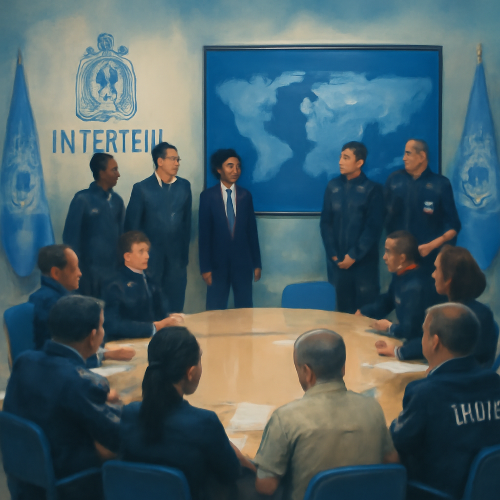 Law enforcement officers from multiple countries seated around a table, surrounded by INTERPOL emblems, convey a sense of…
