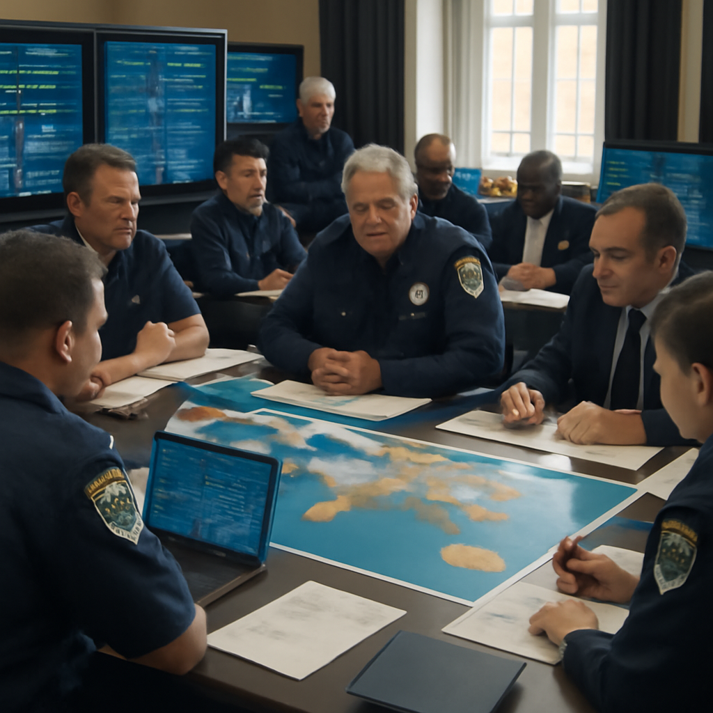 Law enforcement officials gather around a table with a world map and computer screens displaying data.