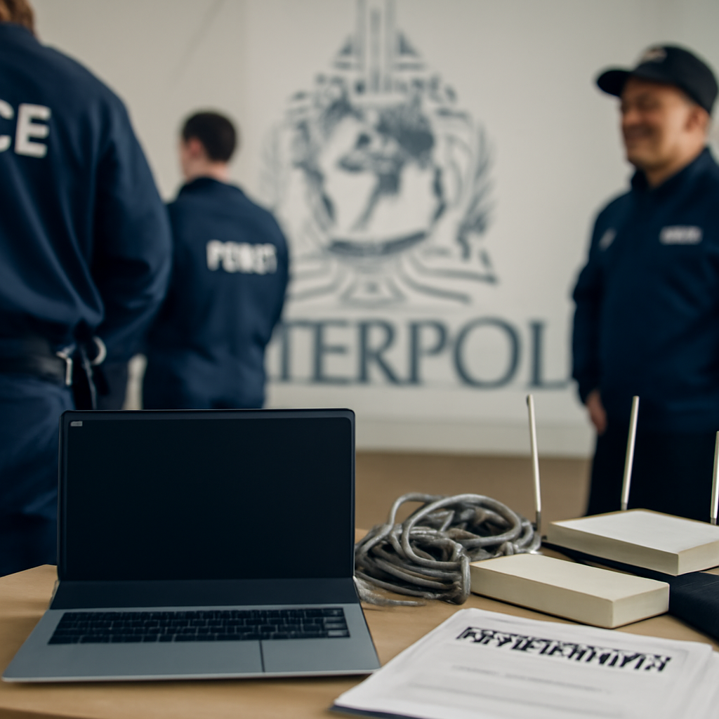 Law enforcement officers conduct a daytime operation with a blurred emblem in the background.