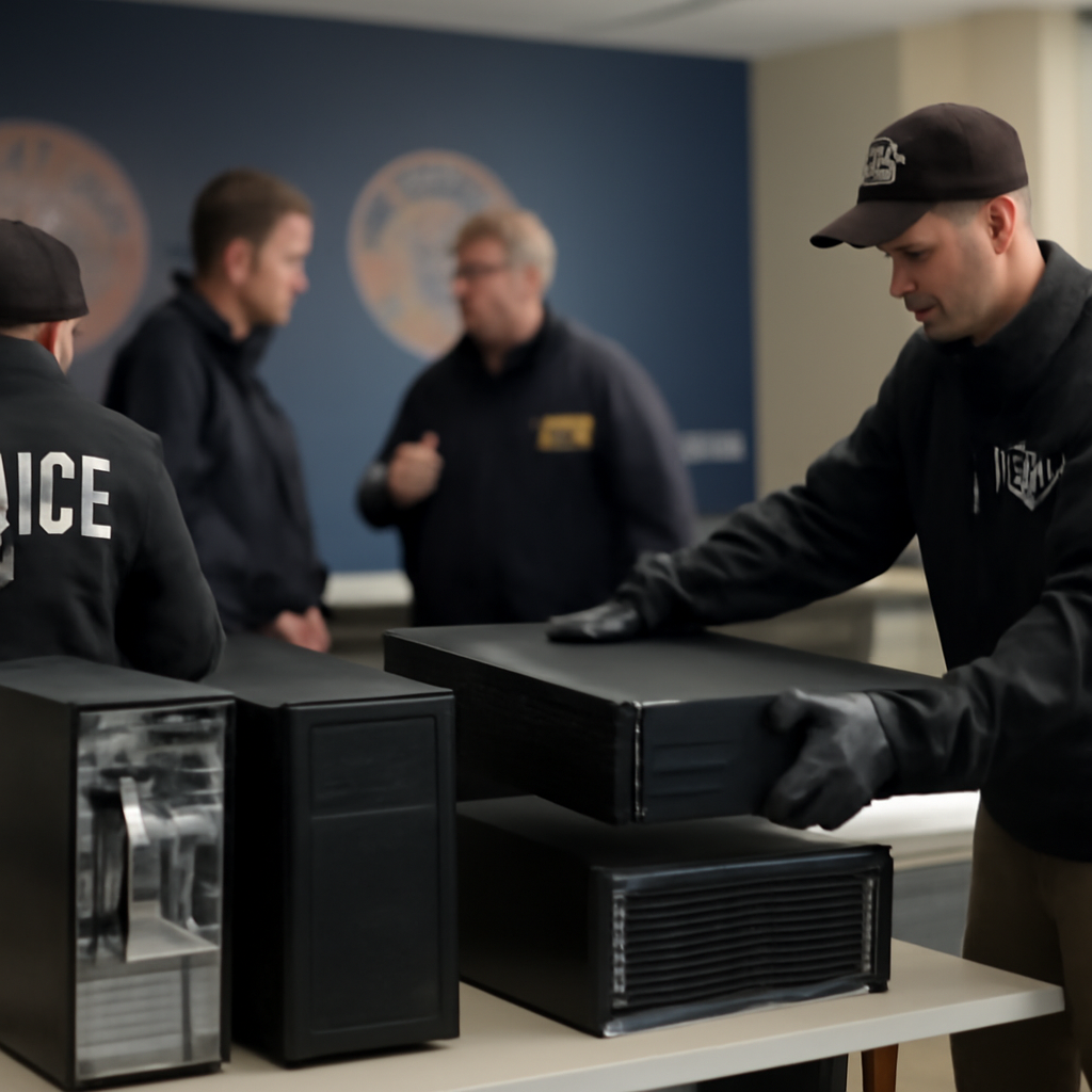 Law enforcement officers gather around seized computer equipment in a server room.
