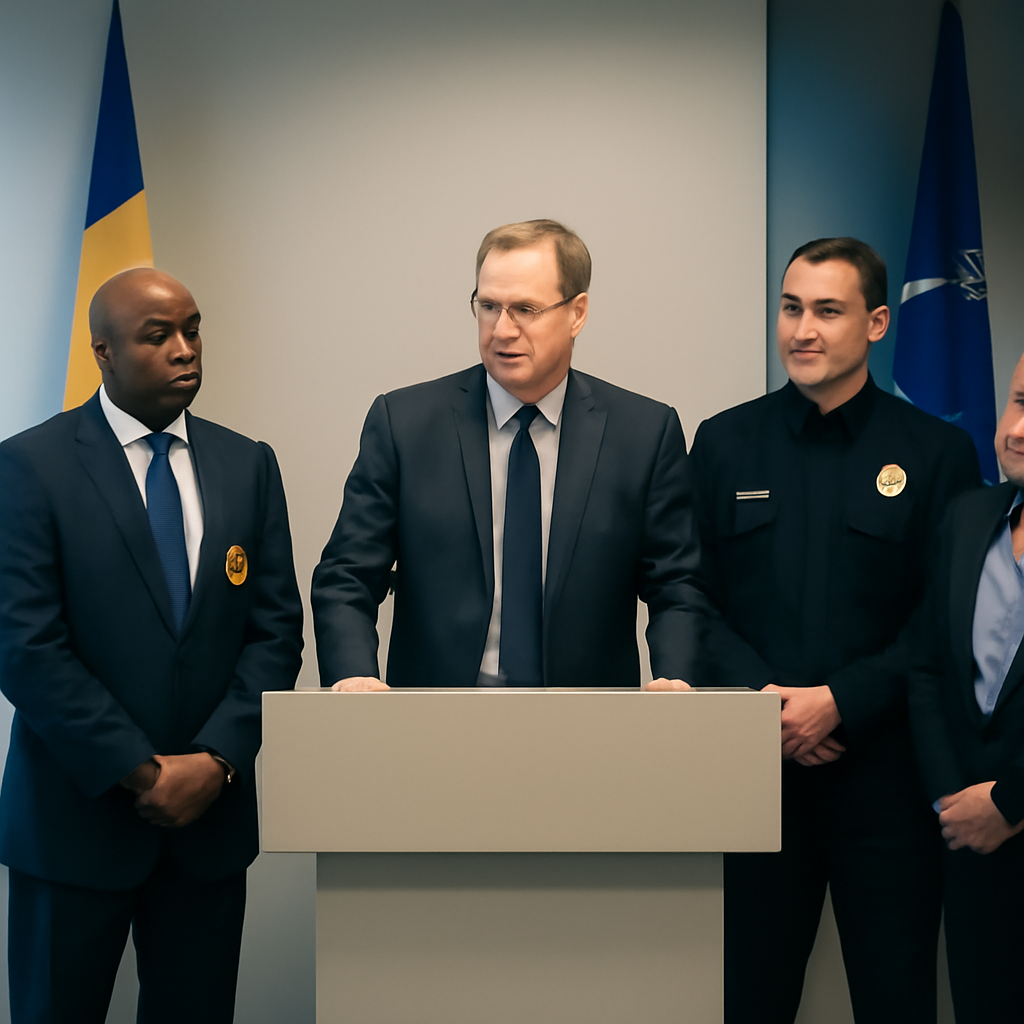 Officials in professional attire gather around a table in a formal meeting setting.