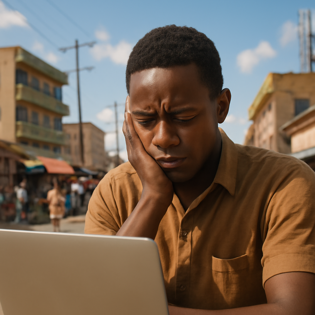 Young adult looks concerned in foreground of African cityscape with modern and worn buildings.