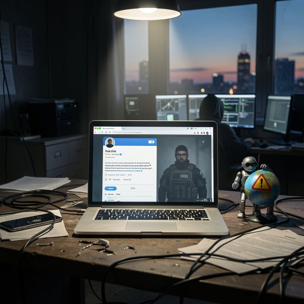 Dimly lit room with laptop screen displaying fake online profile, surrounded by clutter and tangled cables, with blurred…