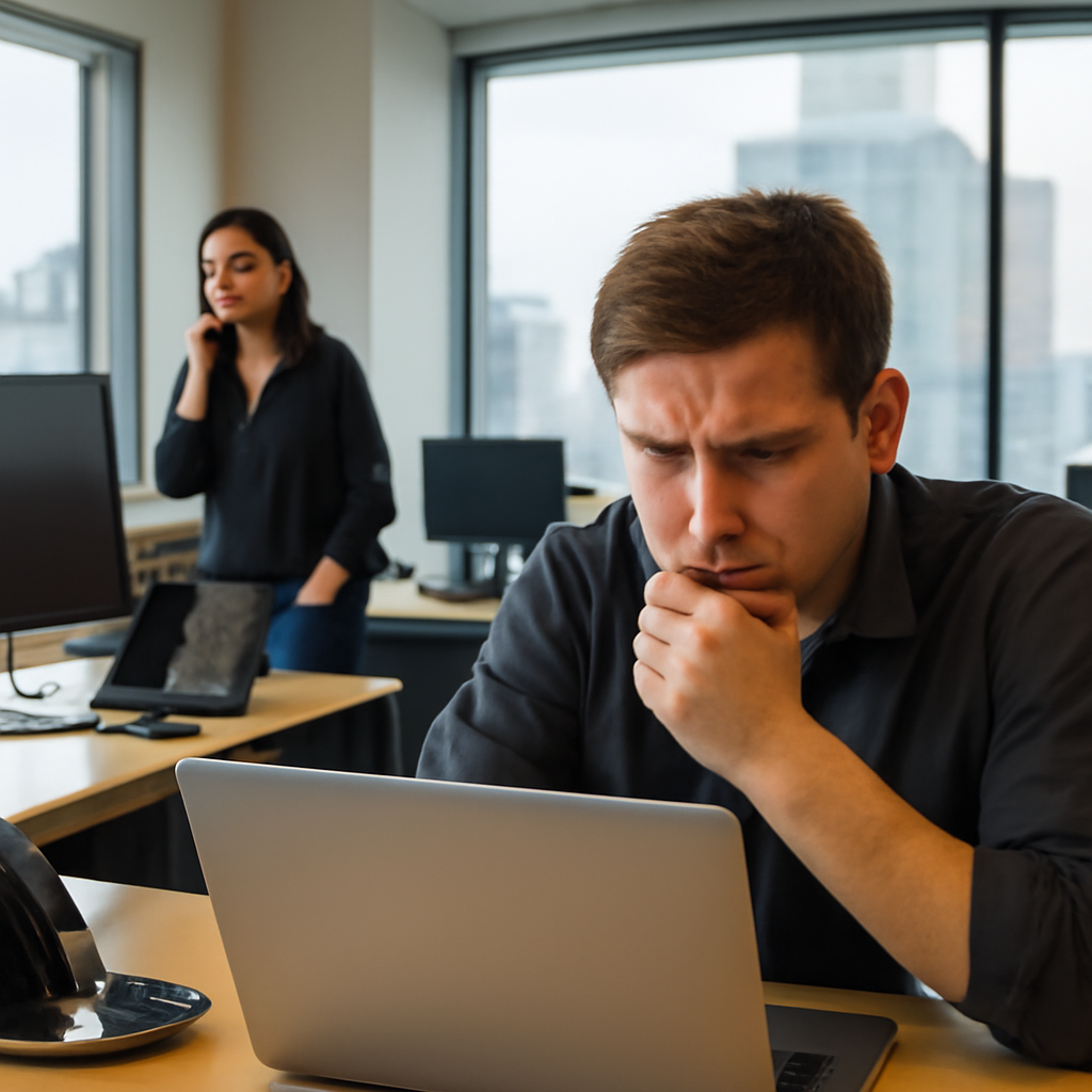 Person looks concerned while viewing laptop screen in modern office setting.