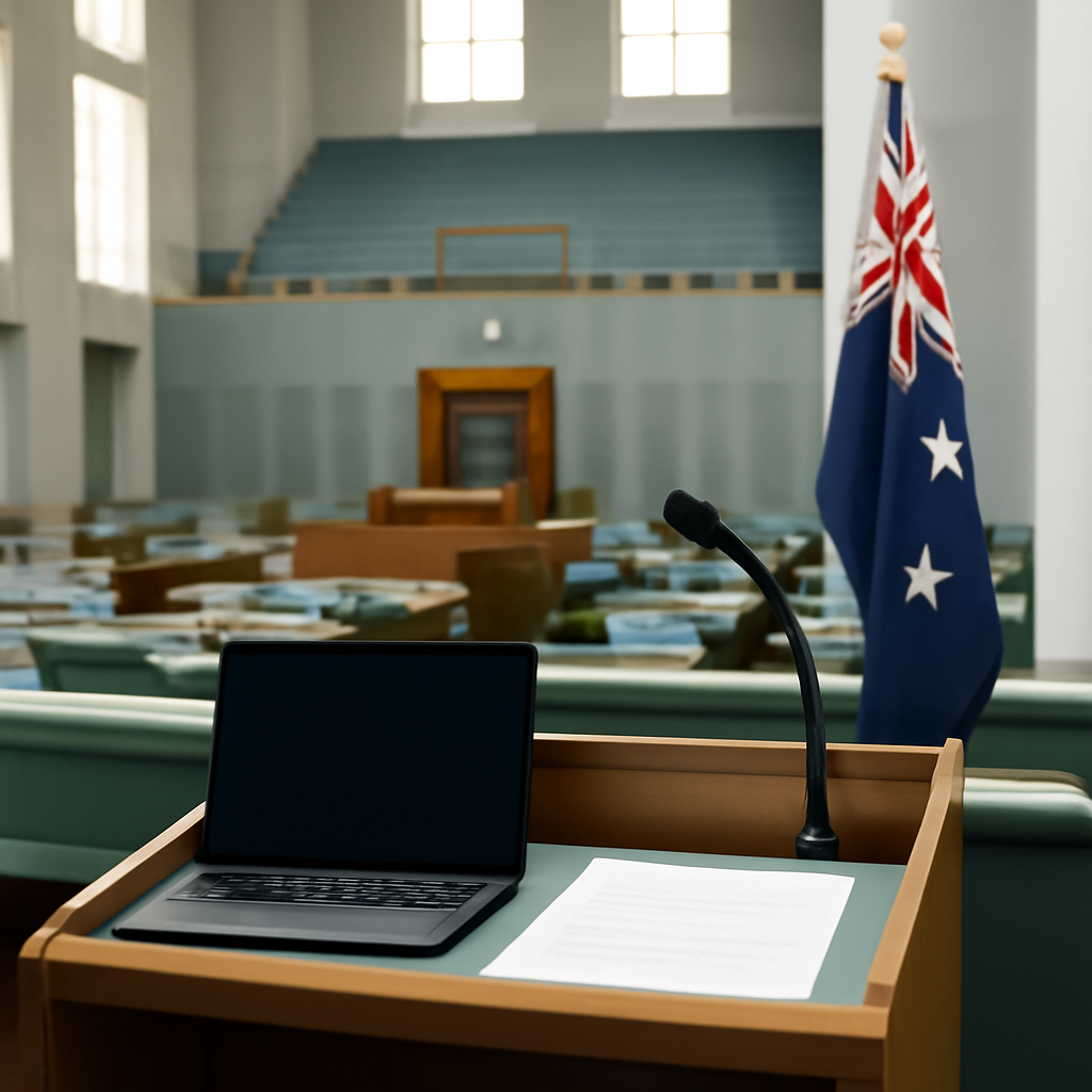 Government building interior with interpreter's booth and podium, hint of institutional branding.