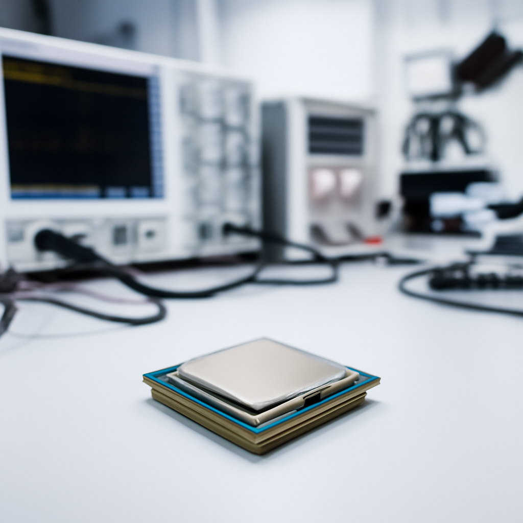 Close-up of a computer processor on a lab bench surrounded by testing equipment.