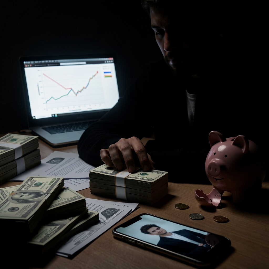 Person in shadows reaching for cash with laptop displaying downward trend in background.