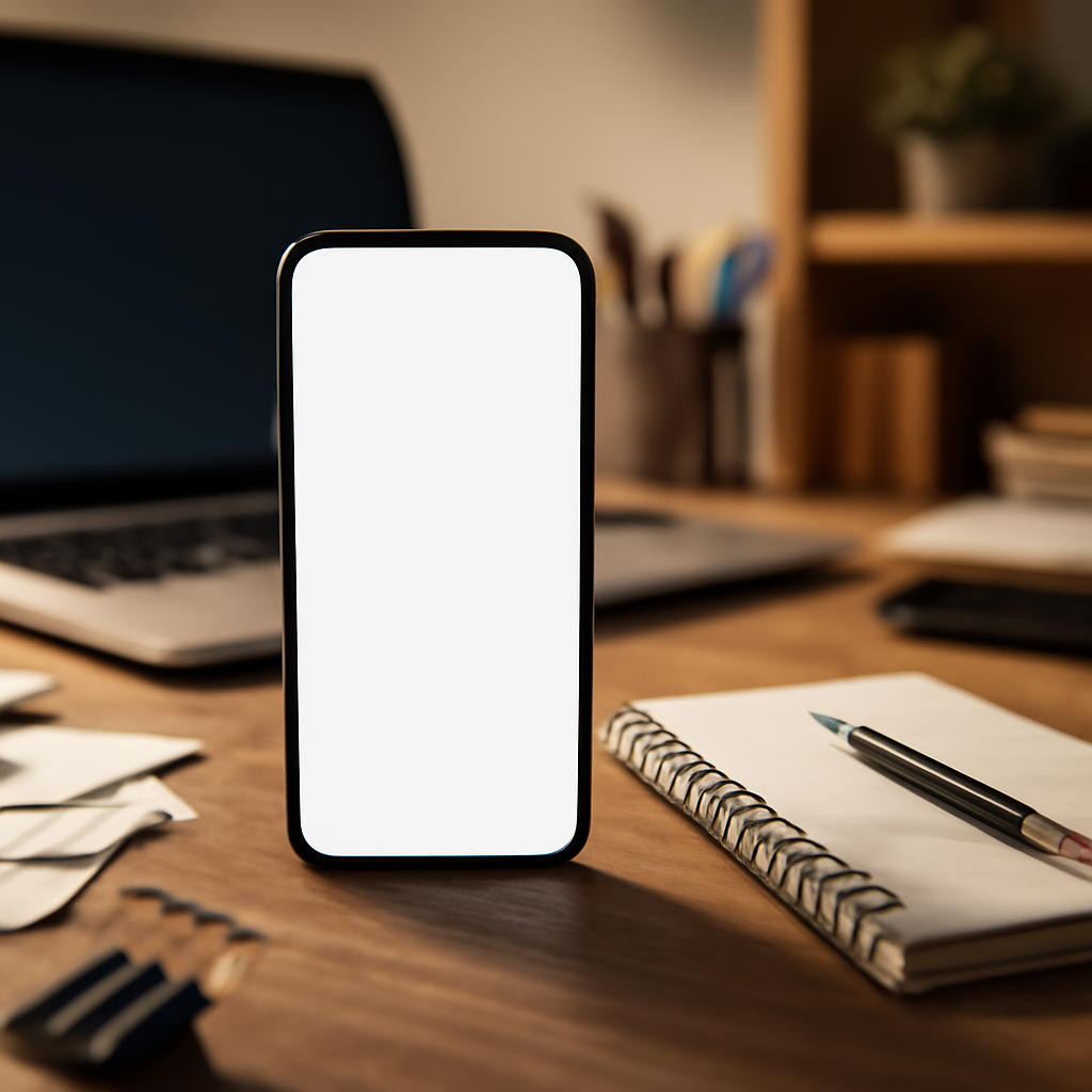 Smartphone on a cluttered desk with laptop and notepad in background.