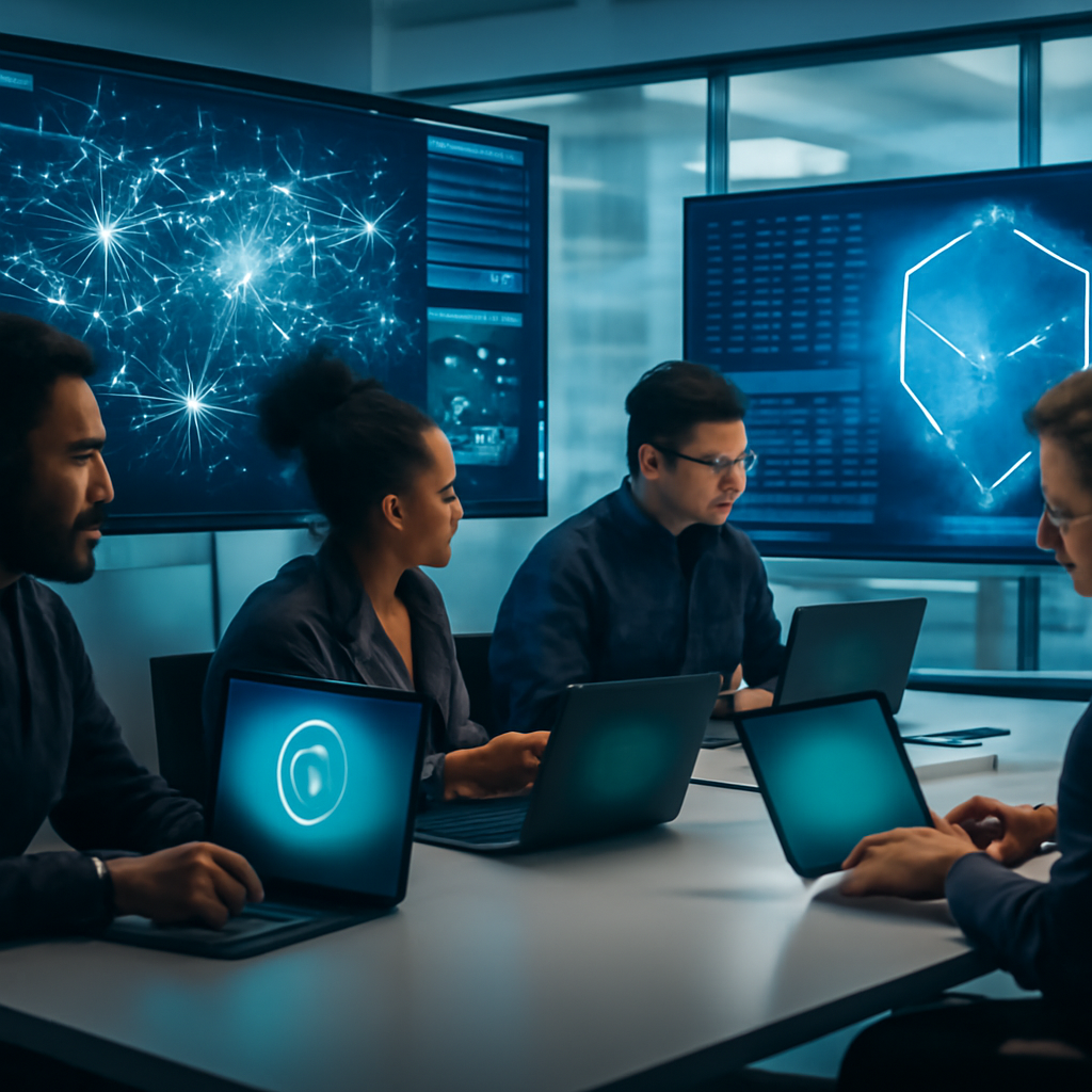 Collaborative team works at sleek table in modern cybersecurity hub with laptops and tablets.
