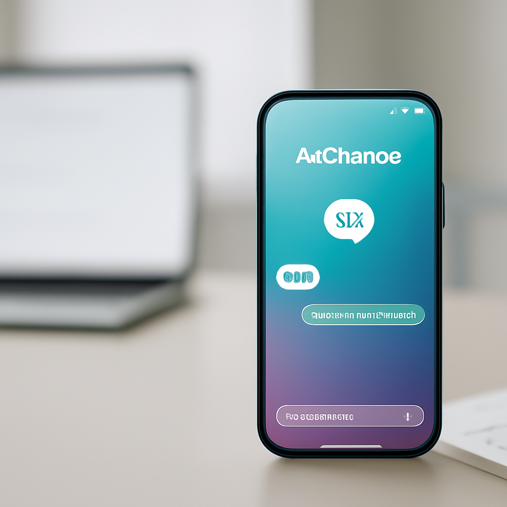 Smartphone displays AI chatbot interface on a clean, minimalist surface with a laptop in the background.