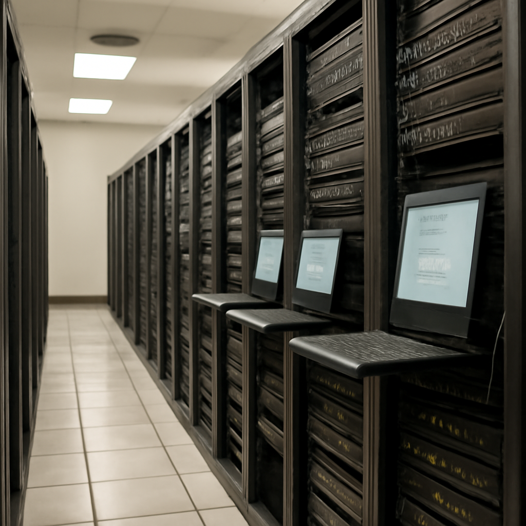 Rows of computer servers and management interfaces in a data center or server room.