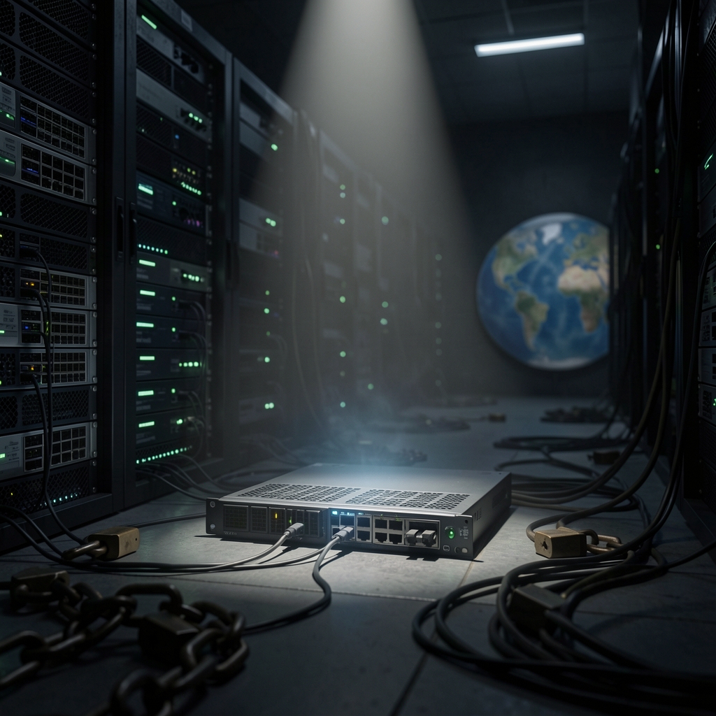 Dimly lit server room with spotlight on a router emitting an ominous glow, surrounded by tangled cables and shadows of locks.
