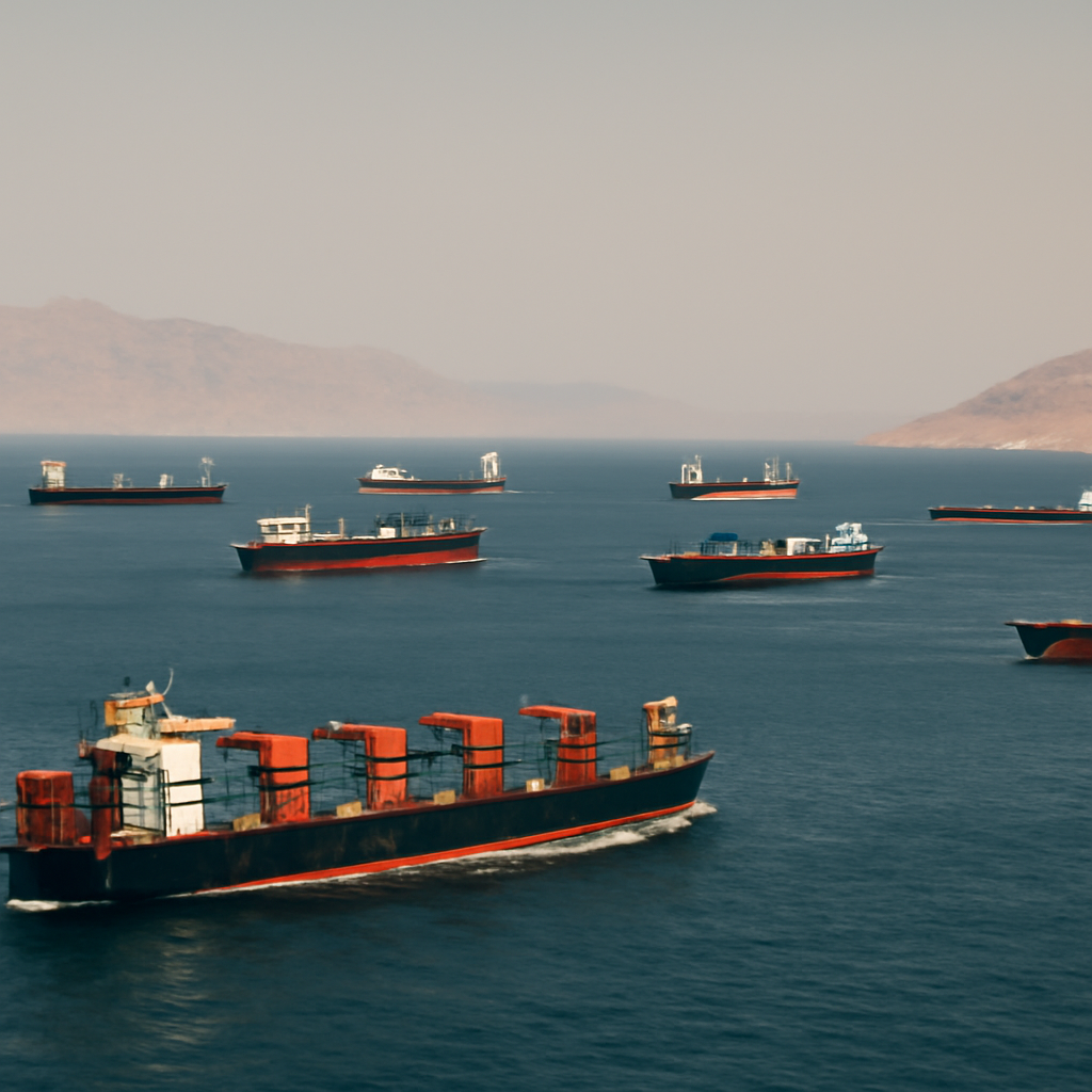Busy shipping lane with cargo ships and tankers transiting Strait of Hormuz between Iranian and Omani coastlines.