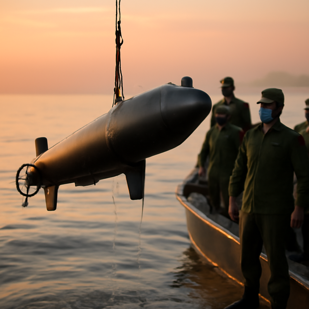 US Navy underwater drone being hoisted out of calm waters at dawn by Iranian naval personnel.