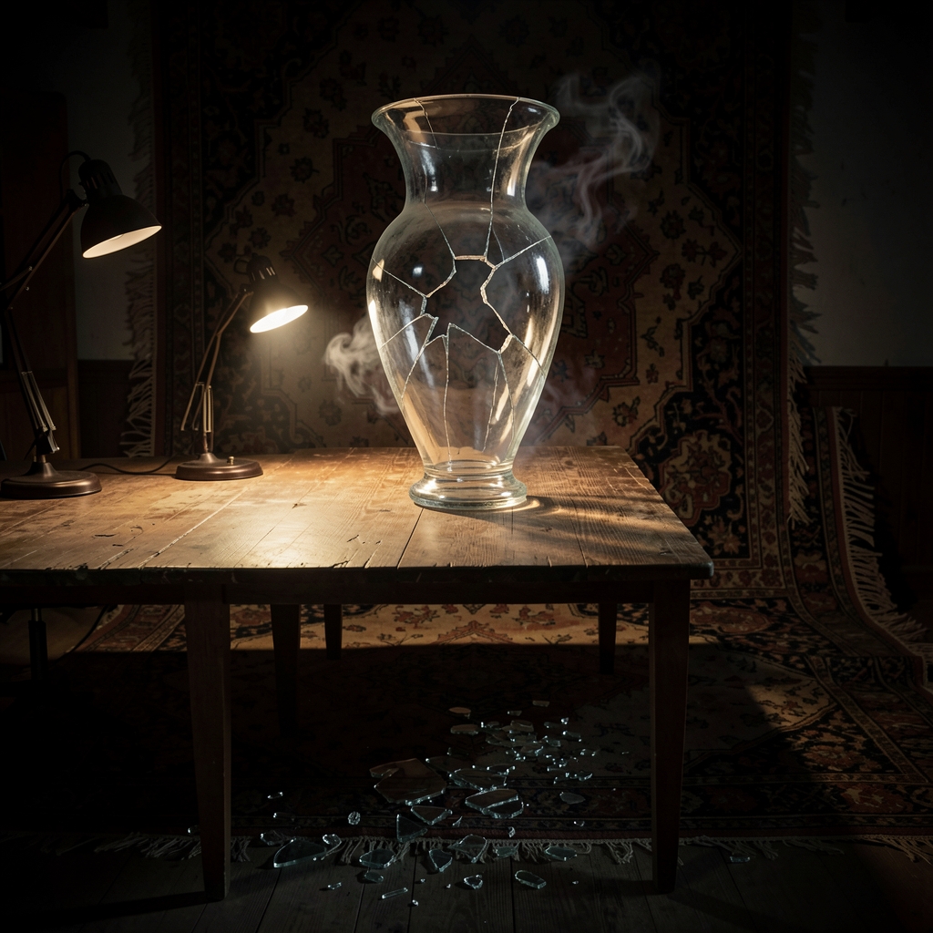 Fragile glass vase hovers above worn conference table, surrounded by broken shards and ominous shadows.