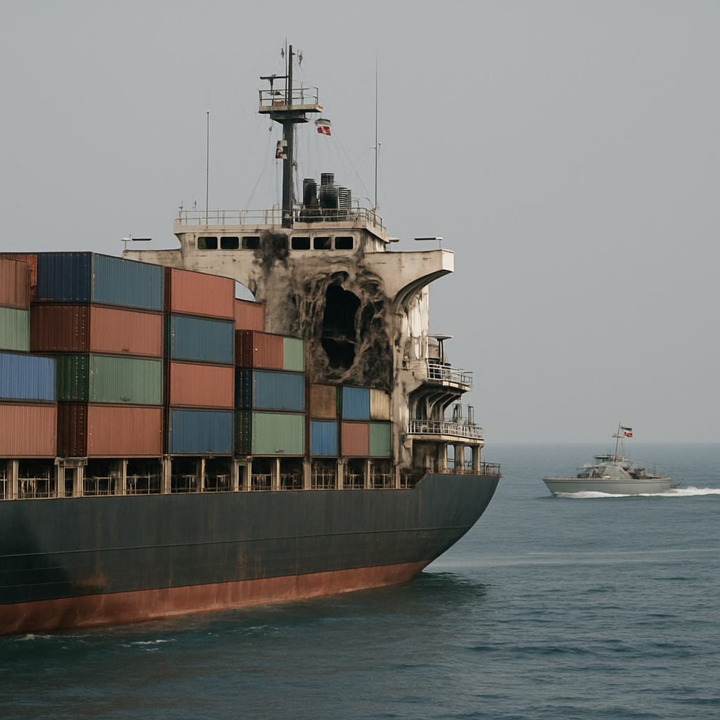 Container ship with bridge damage in Strait of Hormuz, with patrol boat in background.