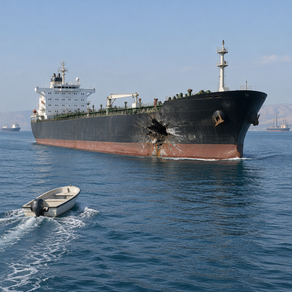 Tanker ship with hull damage underway in Strait of Hormuz near small boat.