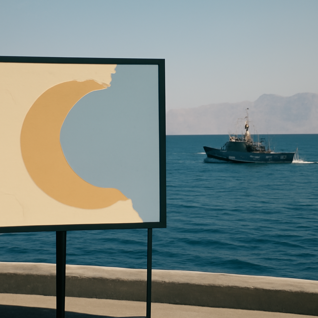 Naval base on a coastline with a large body of water and a blank map display.