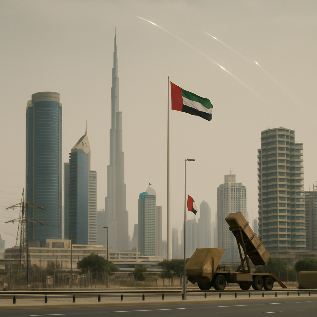Modern cityscape with buildings, industrial elements, and subtle military equipment in the background.