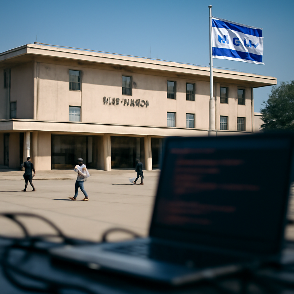 Government building in Tel Aviv with people walking nearby, hint of cyber threat in background.