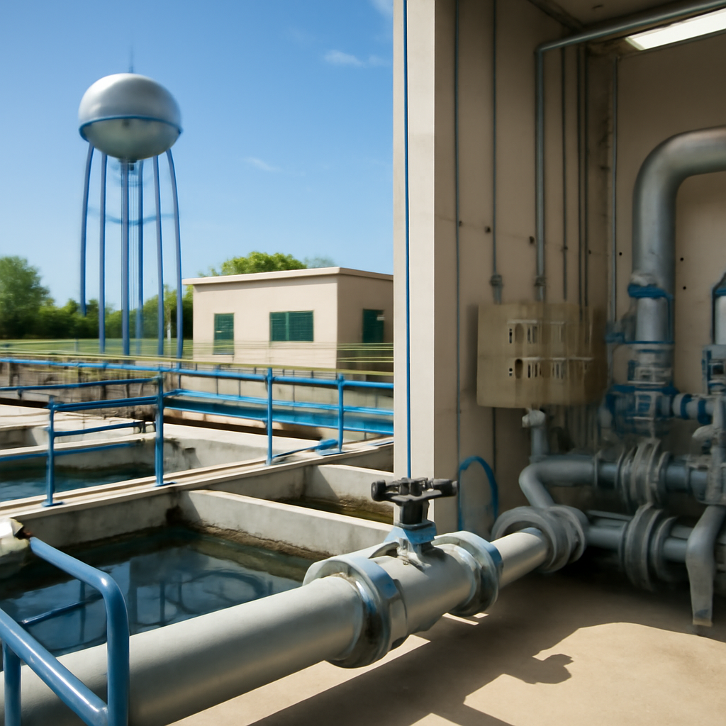 Municipal water treatment plant exterior with industrial infrastructure.