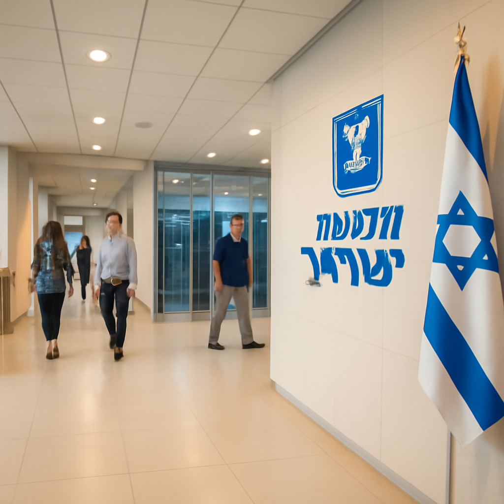 Modern Israeli government or IT office lobby with people walking in background.